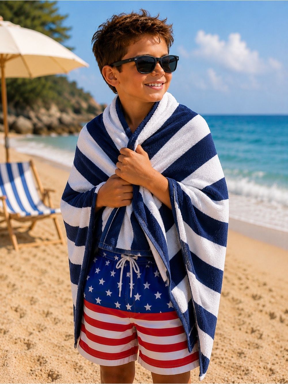 HODO Sports Boy’s American Flag Swim Trunks - Blue/Red/White